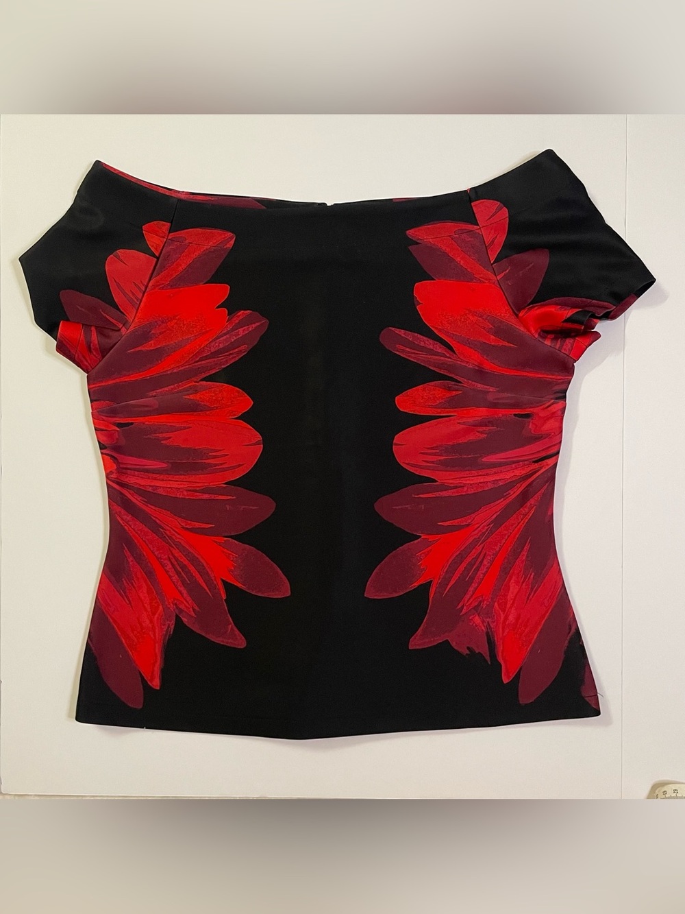 7th Avenue Black Off The Shoulder Blouse with Red Side Flowers size L